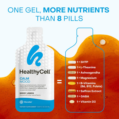 Healthycell Calm Mood Daily Liquid Supplement - Cortisol Manager & Mood Support Supplement for Stress with Ashwagandha, L-Theanine, Magnesium, 5-HTP, GABA & Saffron - 30 Gel Packs - Maple Wellness Supplements