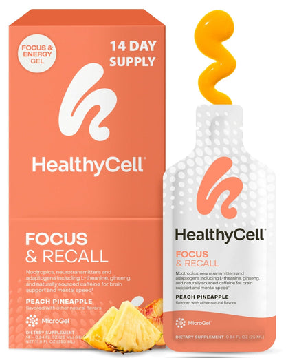 Healthycell Focus & Recall, Daily Liquid Brain Supplement for Focus & Memory - Nootropics Supplement for Concentration & Alertness with L-Theanine, Omega-3 & Taurine - 14 Gel Packs - Maple Wellness Supplements