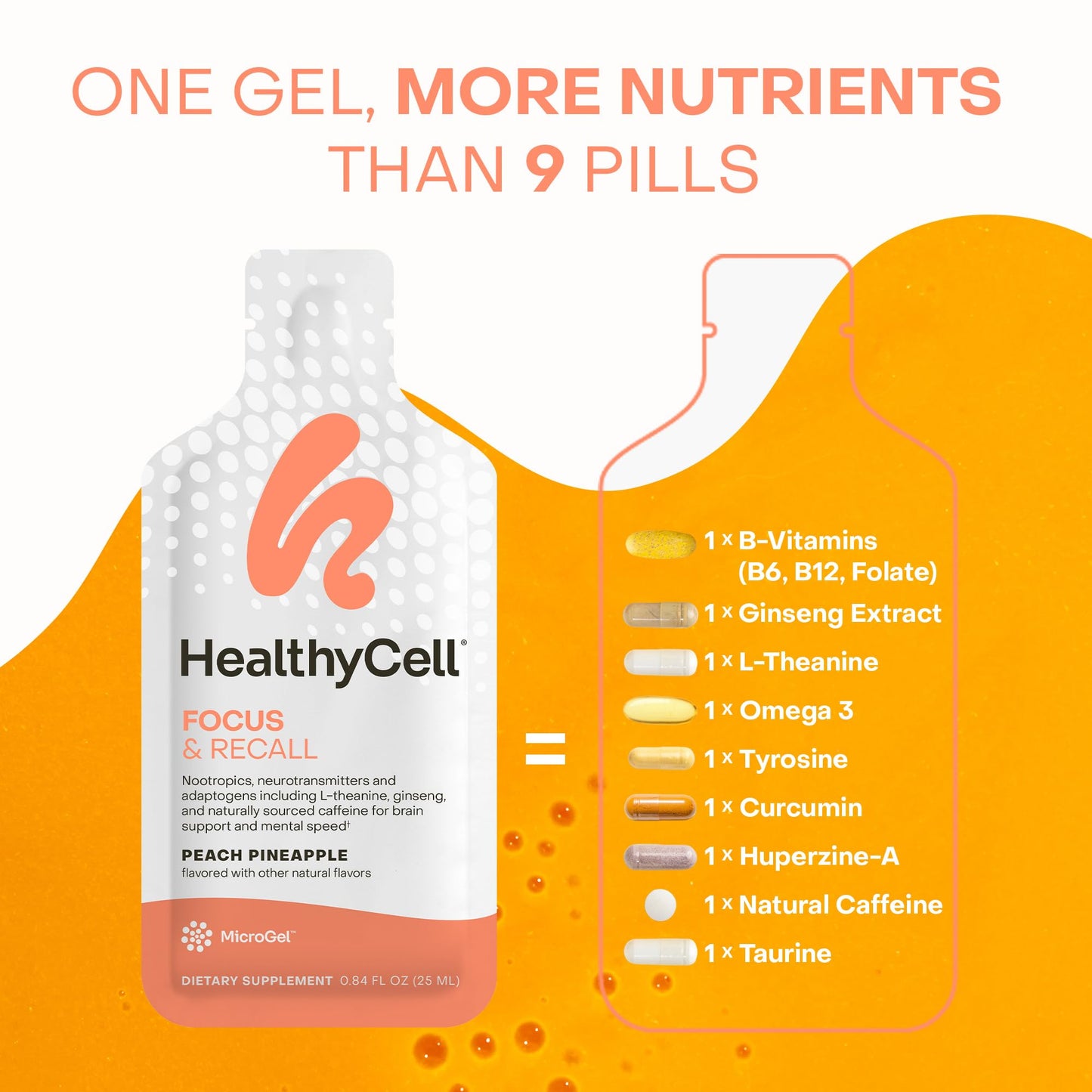 Healthycell Focus & Recall, Daily Liquid Brain Supplement for Focus & Memory - Nootropics Supplement for Concentration & Alertness with L-Theanine, Omega-3 & Taurine - 14 Gel Packs - Maple Wellness Supplements