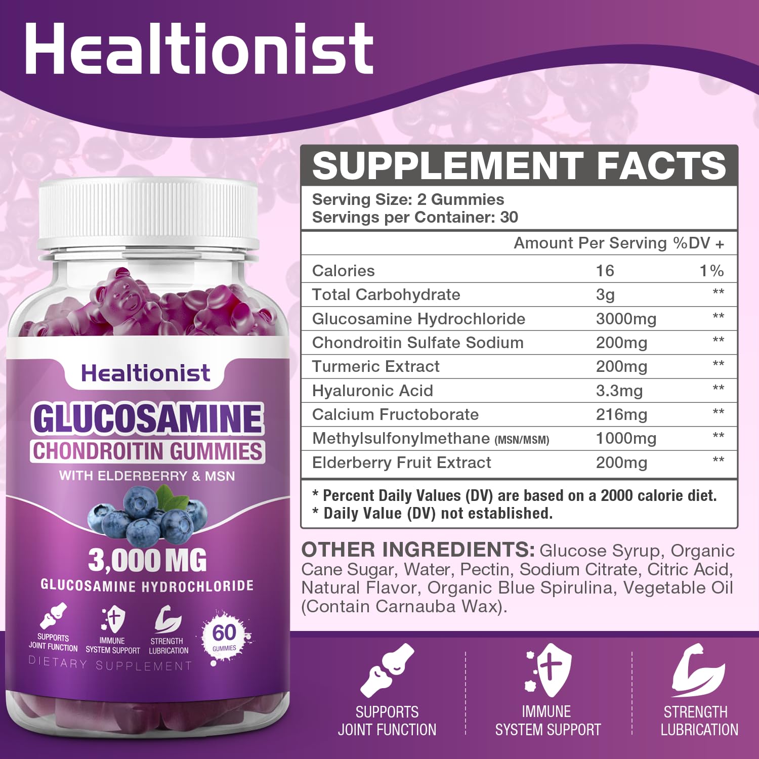 Healtionist 2 Packs 3000mg Glucosamine Chondroitin Gummies with MSM & Elderberry - Maple Wellness Supplements