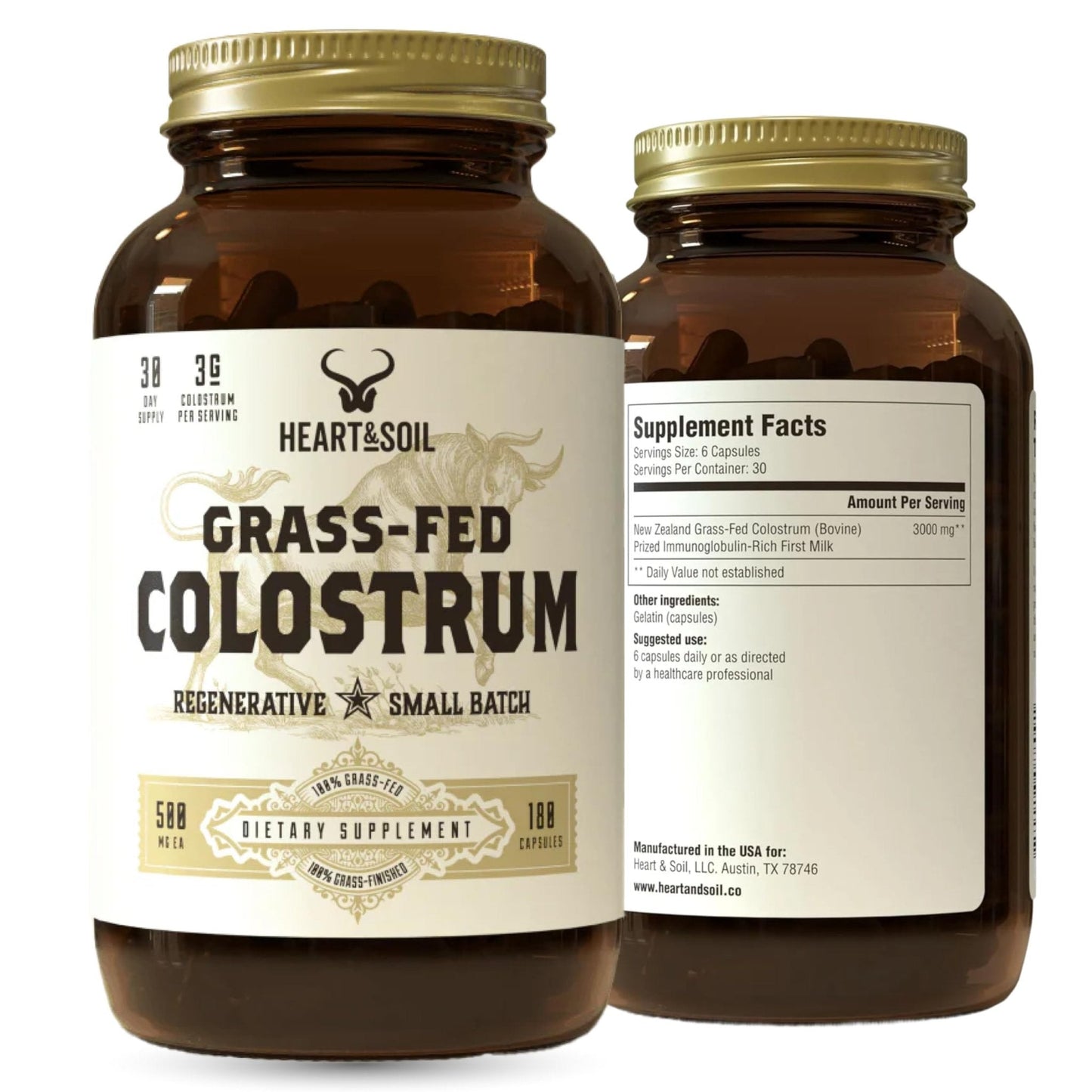 HEART & SOIL 100% Grass Fed & Finished Colostrum Supplement from Regenerative Cattle for Gut, Muscle & Immune Health – 3000mg Bovine Colostrum Capsules - Gut Health for Men & Women –180 Capsules - Maple Wellness Supplements