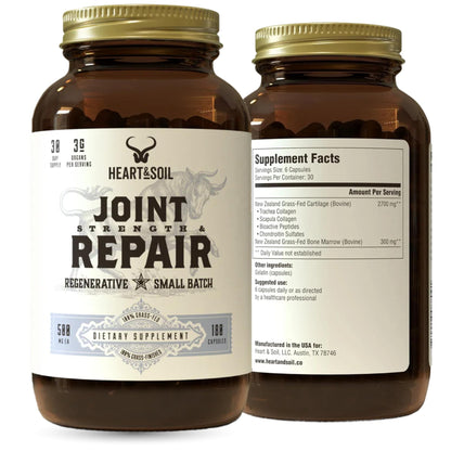 Heart & Soil 100% Grass Fed & Finished Joint Support Supplement from Regenerative Cattle with Trachea, Scapula & Bone Marrow – Supports Joint Strength & Mobility – 3000mg – Glass Bottle – 180 Capsules - Maple Wellness Supplements