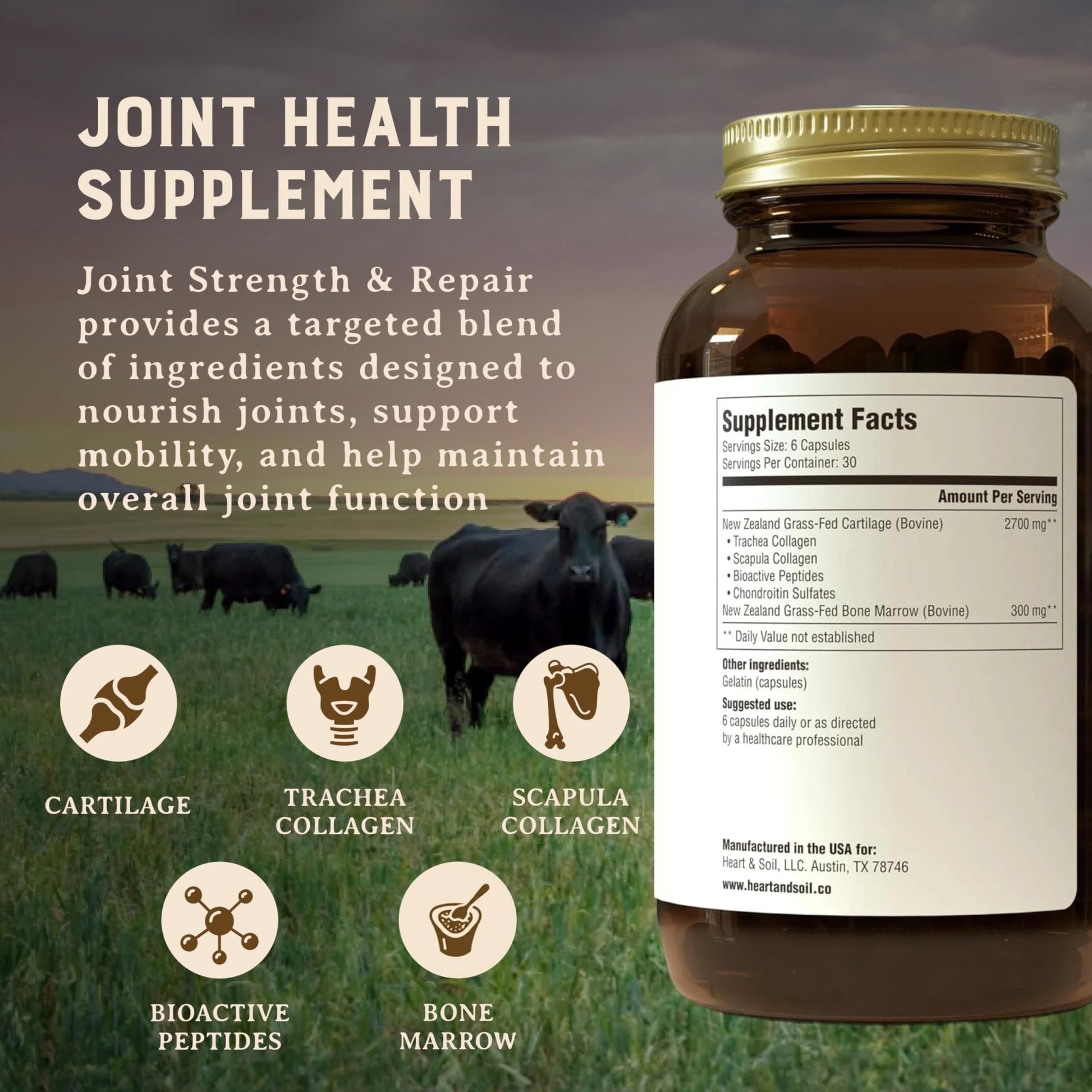 Heart & Soil 100% Grass Fed & Finished Joint Support Supplement from Regenerative Cattle with Trachea, Scapula & Bone Marrow – Supports Joint Strength & Mobility – 3000mg – Glass Bottle – 180 Capsules - Maple Wellness Supplements