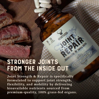 Heart & Soil 100% Grass Fed & Finished Joint Support Supplement from Regenerative Cattle with Trachea, Scapula & Bone Marrow – Supports Joint Strength & Mobility – 3000mg – Glass Bottle – 180 Capsules - Maple Wellness Supplements