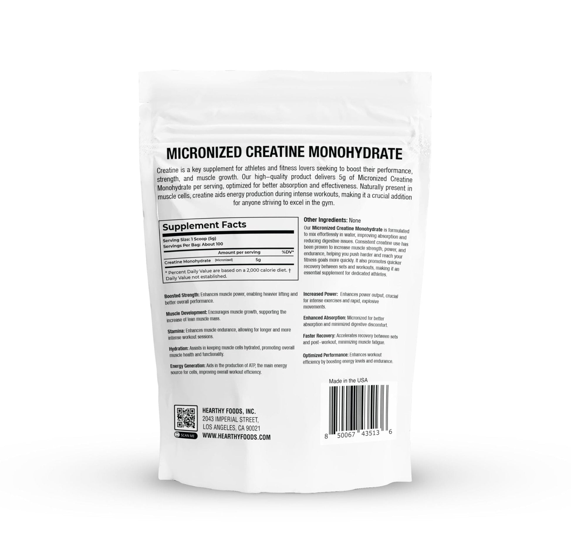 HEARTHY FOODS Creatine Monohydrate Micronized Powder 500G - 100 Servings, 5000mg Per Serving (5g) - 17.9 Oz for Men & Women Muscle Growth & Recovery - UNFLAVORED - Maple Wellness Supplements
