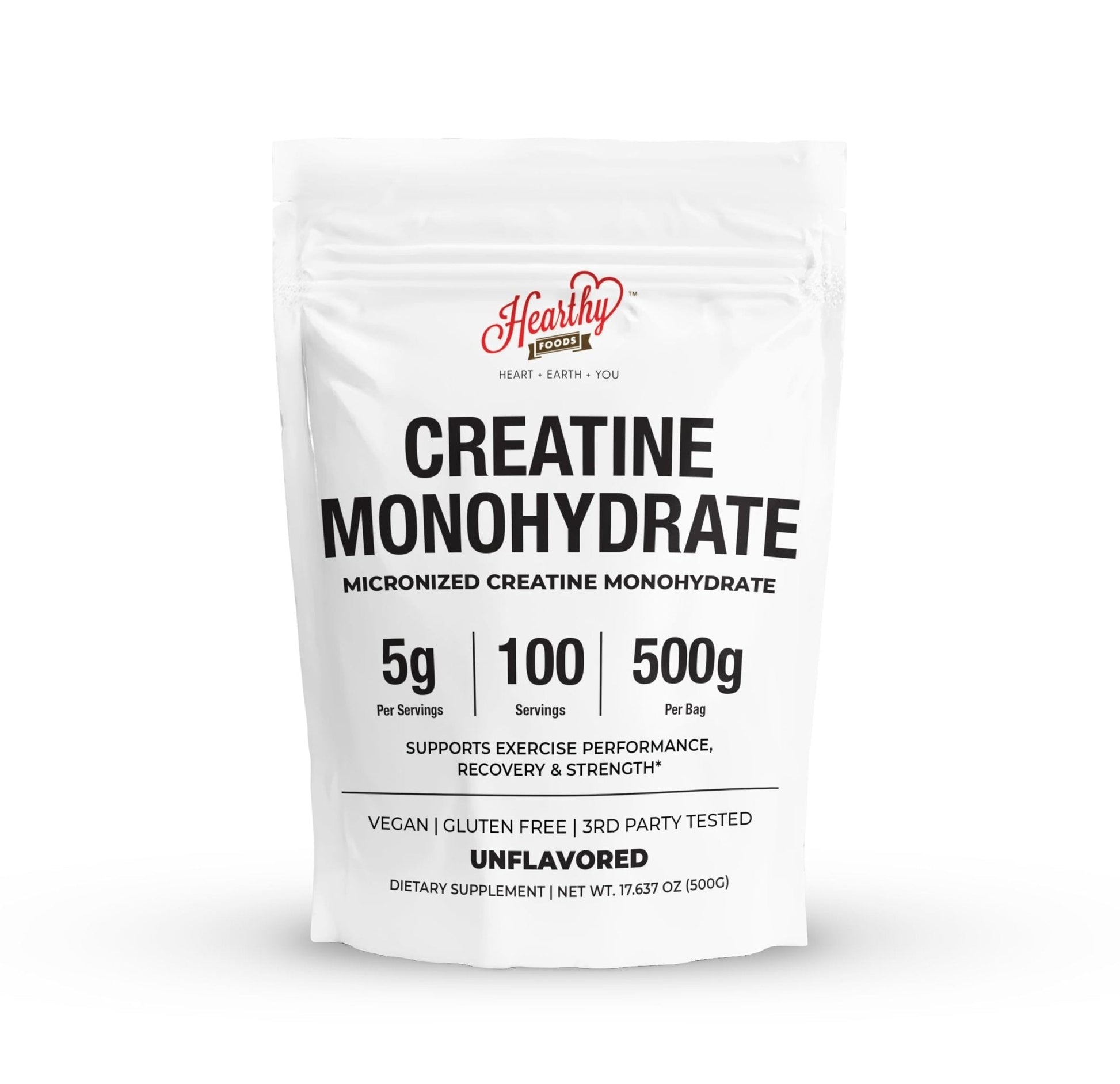 HEARTHY FOODS Creatine Monohydrate Micronized Powder 500G - 100 Servings, 5000mg Per Serving (5g) - 17.9 Oz for Men & Women Muscle Growth & Recovery - UNFLAVORED - Maple Wellness Supplements