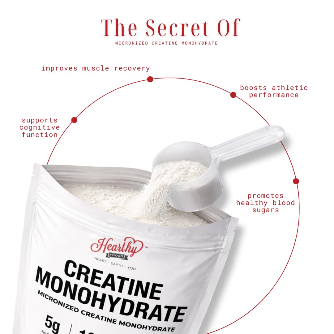 HEARTHY FOODS Creatine Monohydrate Micronized Powder 500G - 100 Servings, 5000mg Per Serving (5g) - for Men & Women Muscle Growth - Maple Wellness Supplements