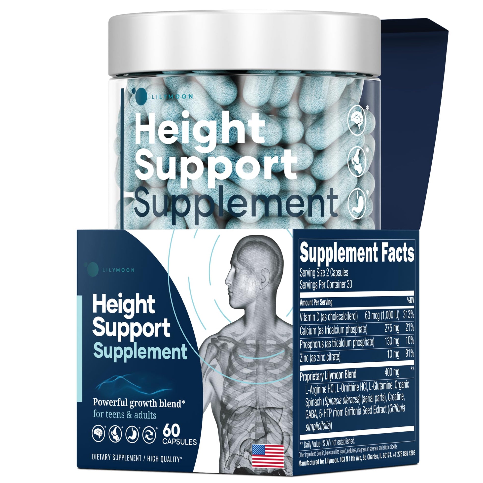 Height & Bone Support Supplement - Premium Height Growth Supplement for Kids & Teens with Calcium - Nutritional Support Bone Health Formula - Height Increase Essential Vitamins - 60 Caps - Maple Wellness Supplements