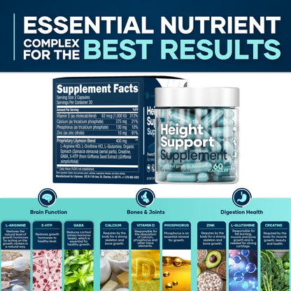 Height & Bone Support Supplement - Premium Height Growth Supplement for Kids & Teens with Calcium - Nutritional Support Bone Health Formula - Height Increase Essential Vitamins - 60 Caps - Maple Wellness Supplements