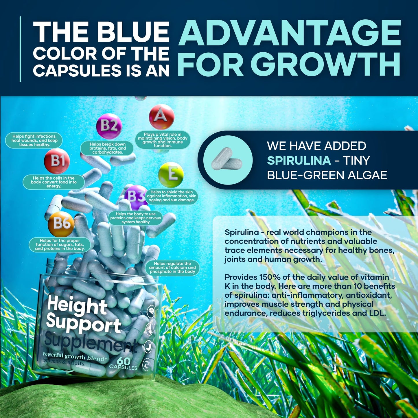 Height & Bone Support Supplement - Premium Height Growth Supplement for Kids & Teens with Calcium - Nutritional Support Bone Health Formula - Height Increase Essential Vitamins - 60 Caps - Maple Wellness Supplements