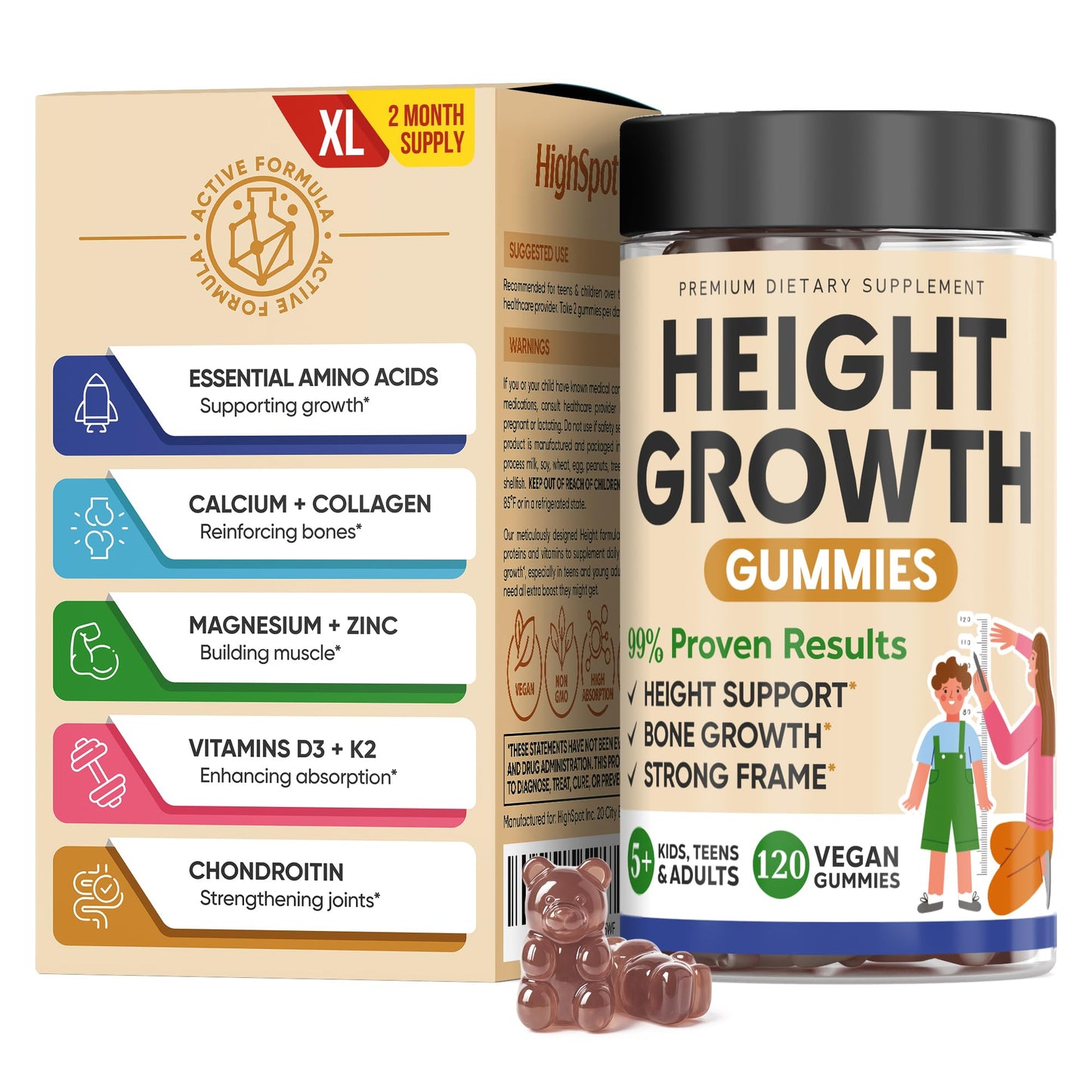 Height Growth Increase Vitamin Gummies, Calcium 100mg, Magnesium Glycinate 30mg, Zinc, Ashwagandha, Vitamin K2 D3 25mg Grow Tall Maximizer Supplement, Multivitamin for Kids, Teens Boy & Girl, Adults - Maple Wellness Supplements