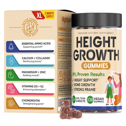 Height Growth Increase Vitamin Gummies, Calcium 100mg, Magnesium Glycinate 30mg, Zinc, Ashwagandha, Vitamin K2 D3 25mg Grow Tall Maximizer Supplement, Multivitamin for Kids, Teens Boy & Girl, Adults - Maple Wellness Supplements