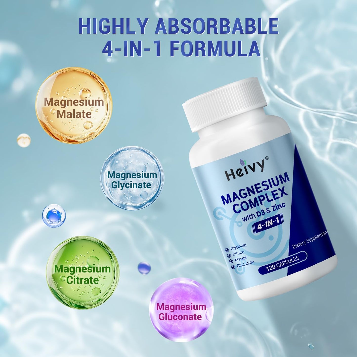 Heivy 4 in 1 Magnesium Complex with Zinc & Vitamin D3, 320mg Elemental Magnesium (Glycinate/Citrate/Gluconate/Malate), 120 Capsules (4 Months Supply), Vegan, Non-GMO, Gluten-Free, 3rd Party Tested - Maple Wellness Supplements