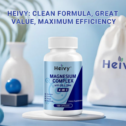 Heivy 4 in 1 Magnesium Complex with Zinc & Vitamin D3, 320mg Elemental Magnesium (Glycinate/Citrate/Gluconate/Malate), 120 Capsules (4 Months Supply), Vegan, Non-GMO, Gluten-Free, 3rd Party Tested - Maple Wellness Supplements