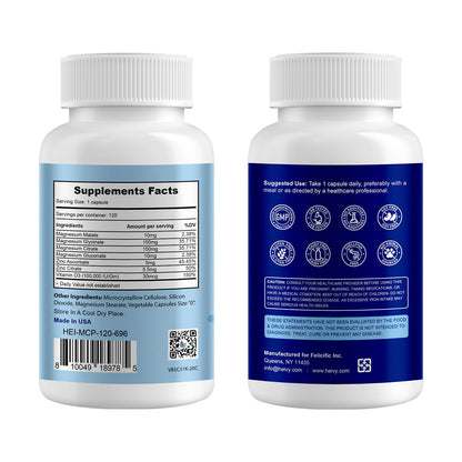 Heivy 4 in 1 Magnesium Complex with Zinc & Vitamin D3, 320mg Elemental Magnesium (Glycinate/Citrate/Gluconate/Malate), 120 Capsules (4 Months Supply), Vegan, Non-GMO, Gluten-Free, 3rd Party Tested - Maple Wellness Supplements