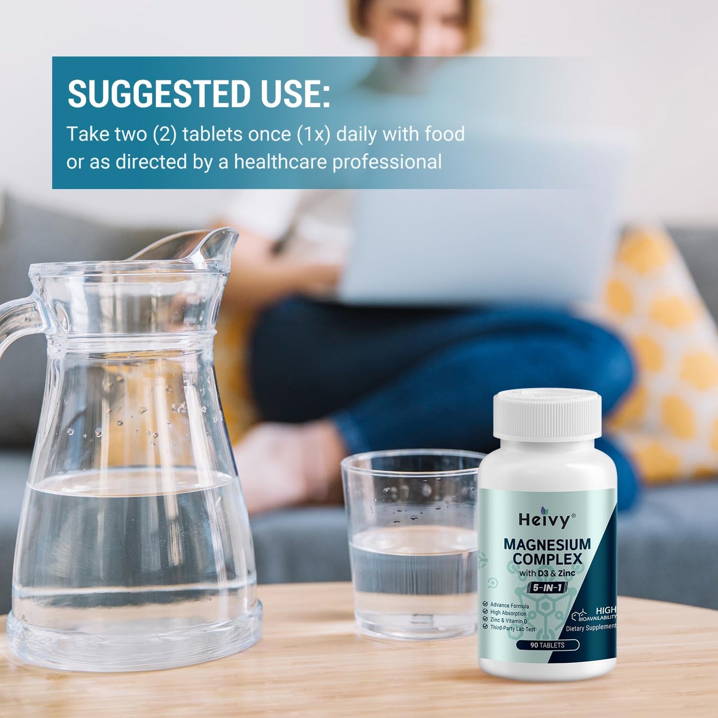 Heivy Magnesium Complex, Magnesium Glycinate, Citrate, Malate, Oxide, Gluconate with Zinc and Vitamin D3, Magnesium Supplement for Muscle, Nerve, Heart, Bone Support, High Absorption, 90 Tablets - Maple Wellness Supplements