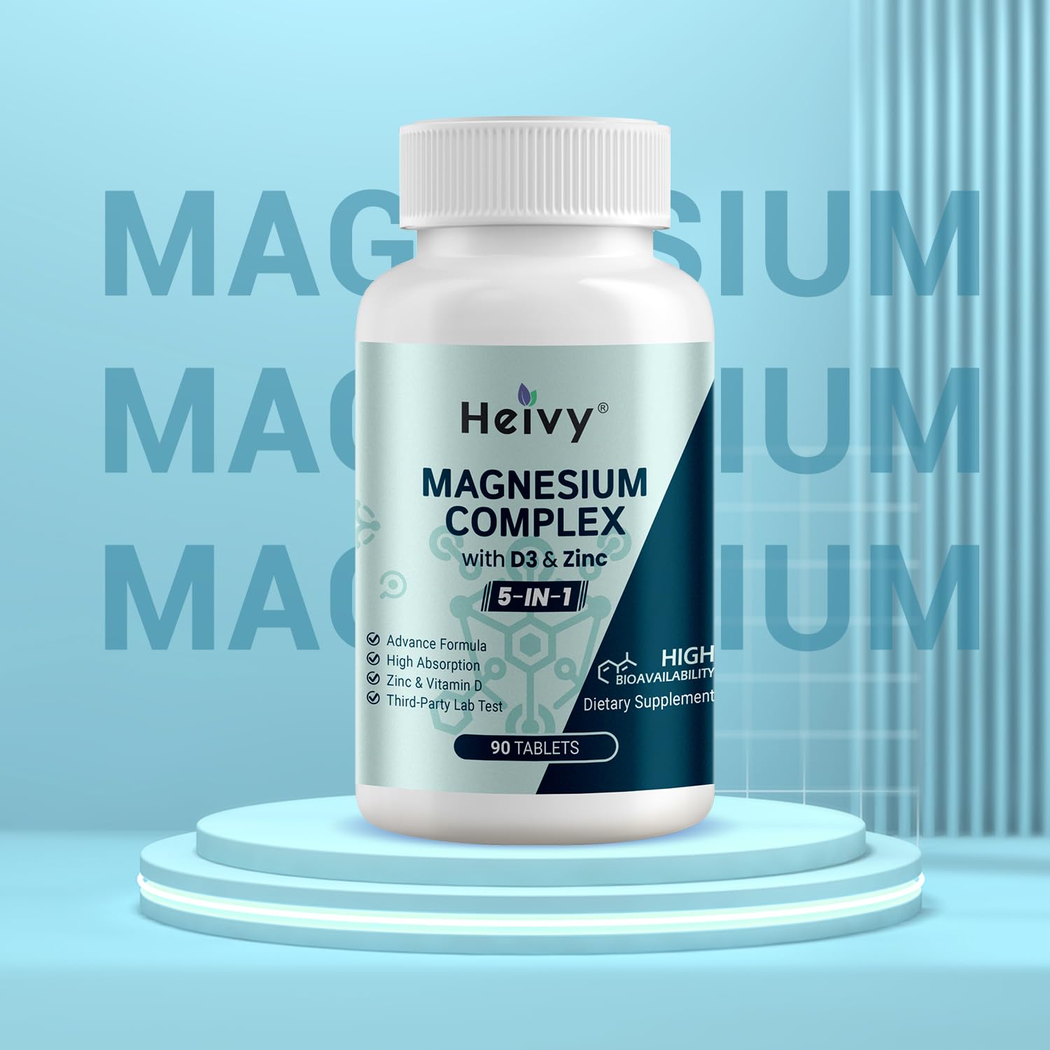 Heivy Magnesium Complex, Magnesium Glycinate, Citrate, Malate, Oxide, Gluconate with Zinc and Vitamin D3, Magnesium Supplement for Muscle, Nerve, Heart, Bone Support, High Absorption, 90 Tablets - Maple Wellness Supplements