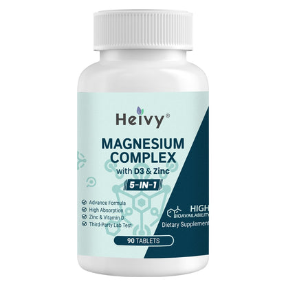 Heivy Magnesium Complex, Magnesium Glycinate, Citrate, Malate, Oxide, Gluconate with Zinc and Vitamin D3, Magnesium Supplement for Muscle, Nerve, Heart, Bone Support, High Absorption, 90 Tablets - Maple Wellness Supplements