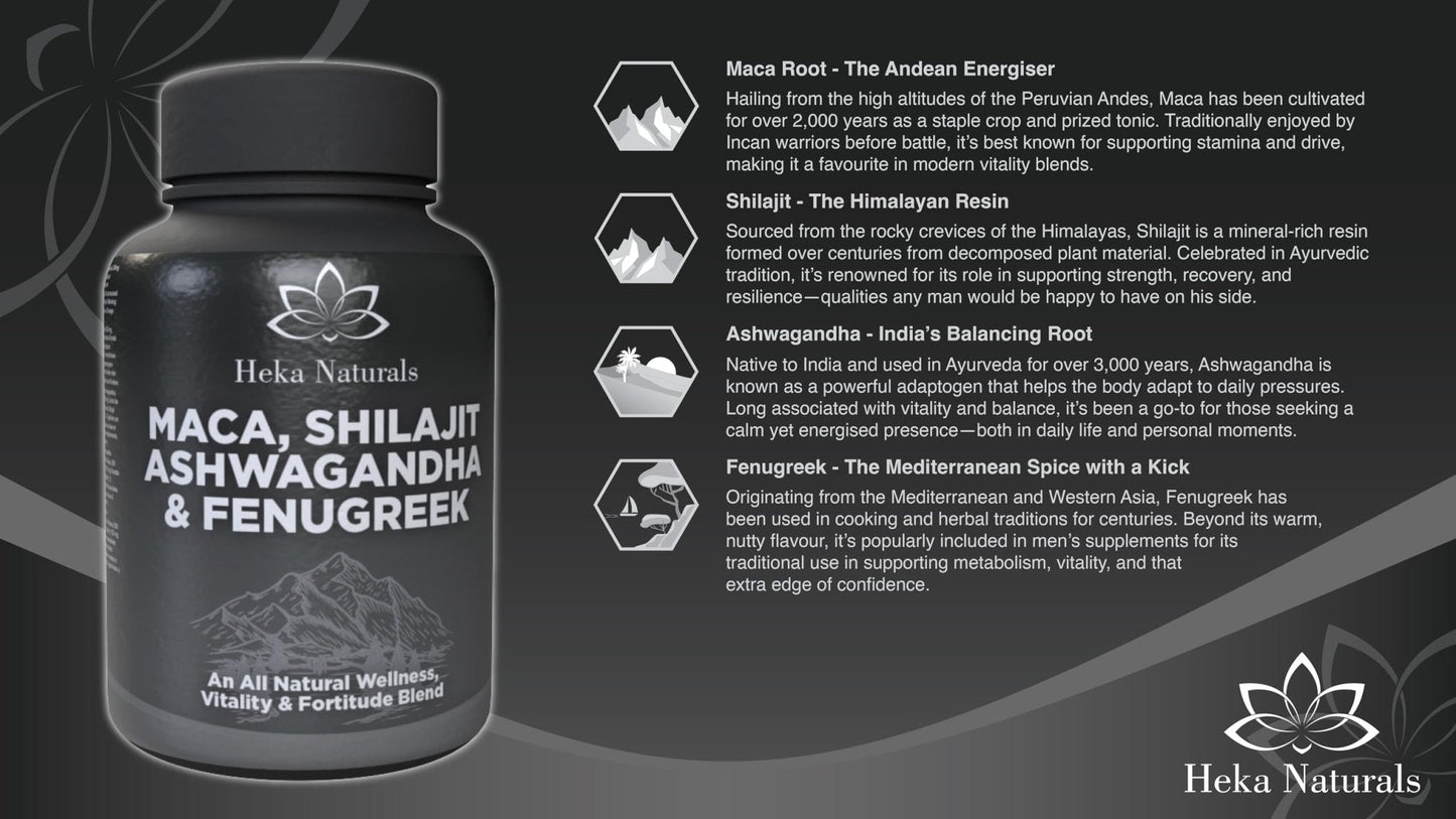 Heka Naturals Male Botanical Complex | 90 Capsules with Ashwagandha, Maca Root, Fenugreek & Shilajit | Traditional Plant-Based Ingredients for Active Lifestyles | Food Supplement - Maple Wellness Supplements