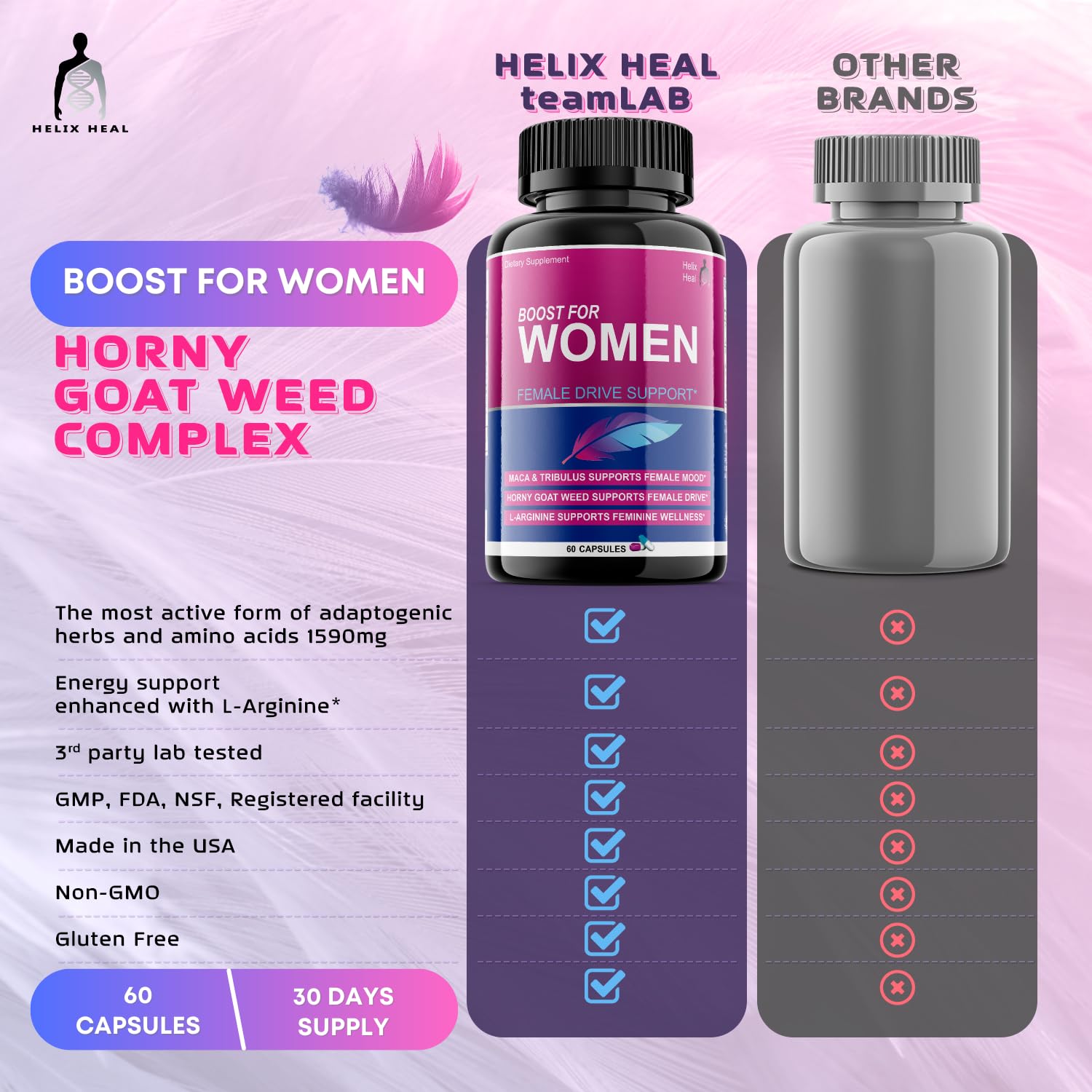 Helix Heal Libido Booster for Women Fast Acting with Horny Goat Weed - Female Desire Pills with Maca Root, Tribulus Terrestris, Ginseng and Hornygoatweed Women - Hormone Balance, Made in USA (60 ct) - Maple Wellness Supplements