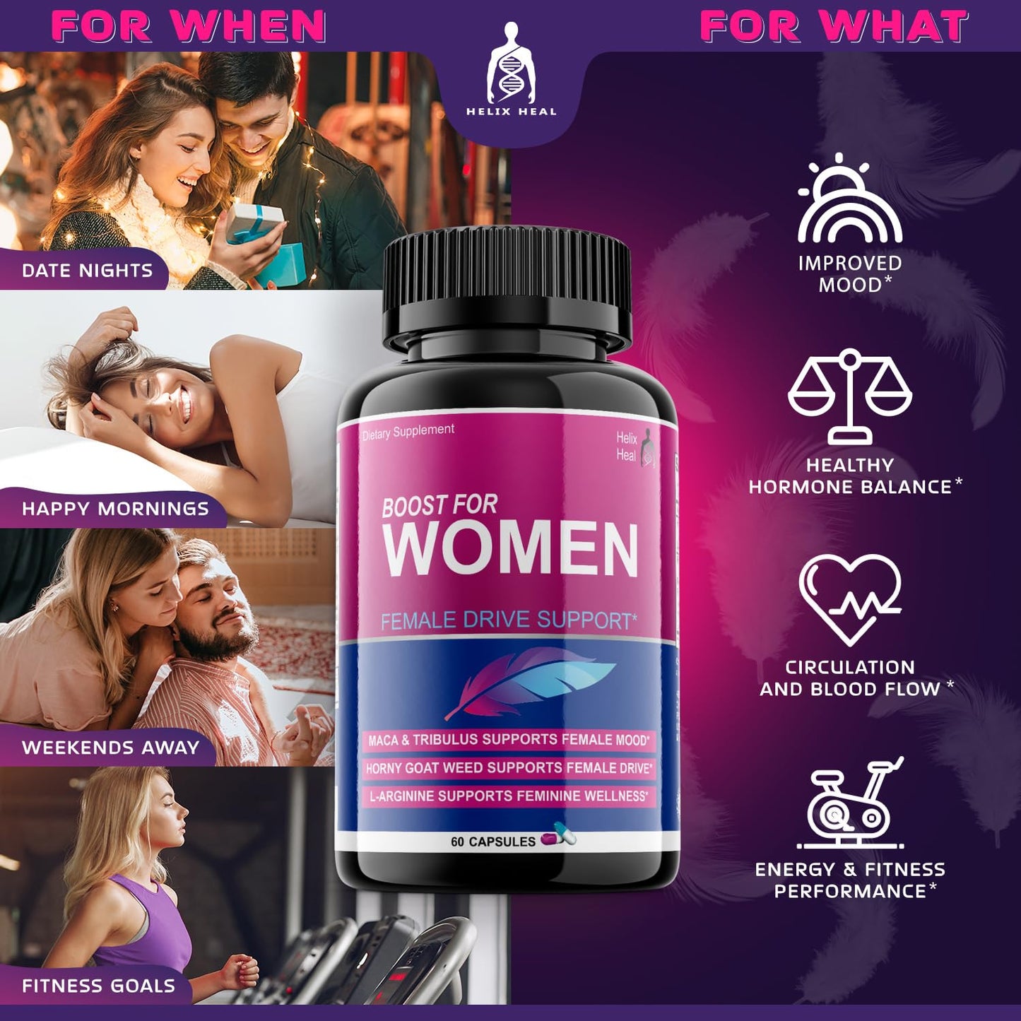 Helix Heal Libido Booster for Women Fast Acting with Horny Goat Weed - Female Desire Pills with Maca Root, Tribulus Terrestris, Ginseng and Hornygoatweed Women - Hormone Balance, Made in USA (60 ct) - Maple Wellness Supplements