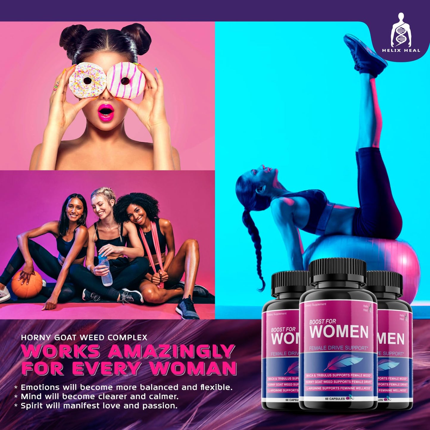 Helix Heal Libido Booster for Women Fast Acting with Horny Goat Weed - Female Desire Pills with Maca Root, Tribulus Terrestris, Ginseng and Hornygoatweed Women - Hormone Balance, Made in USA (60 ct) - Maple Wellness Supplements