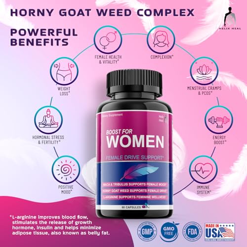 Helix Heal Libido Booster for Women Fast Acting with Horny Goat Weed - Female Desire Pills with Maca Root, Tribulus Terrestris, Ginseng and Hornygoatweed Women - Hormone Balance, Made in USA (60 ct) - Maple Wellness Supplements