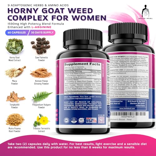 Helix Heal Libido Booster for Women Fast Acting with Horny Goat Weed - Female Desire Pills with Maca Root, Tribulus Terrestris, Ginseng and Hornygoatweed Women - Hormone Balance, Made in USA (60 ct) - Maple Wellness Supplements