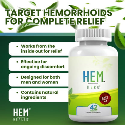 Hem Healer Hem Hero Extra Strength Hemorrhoid Treatment - Reduce Swelling, Soothe Itching & Irritation - 100% Natural - 42 Vegetarian Capsules - Maple Wellness Supplements