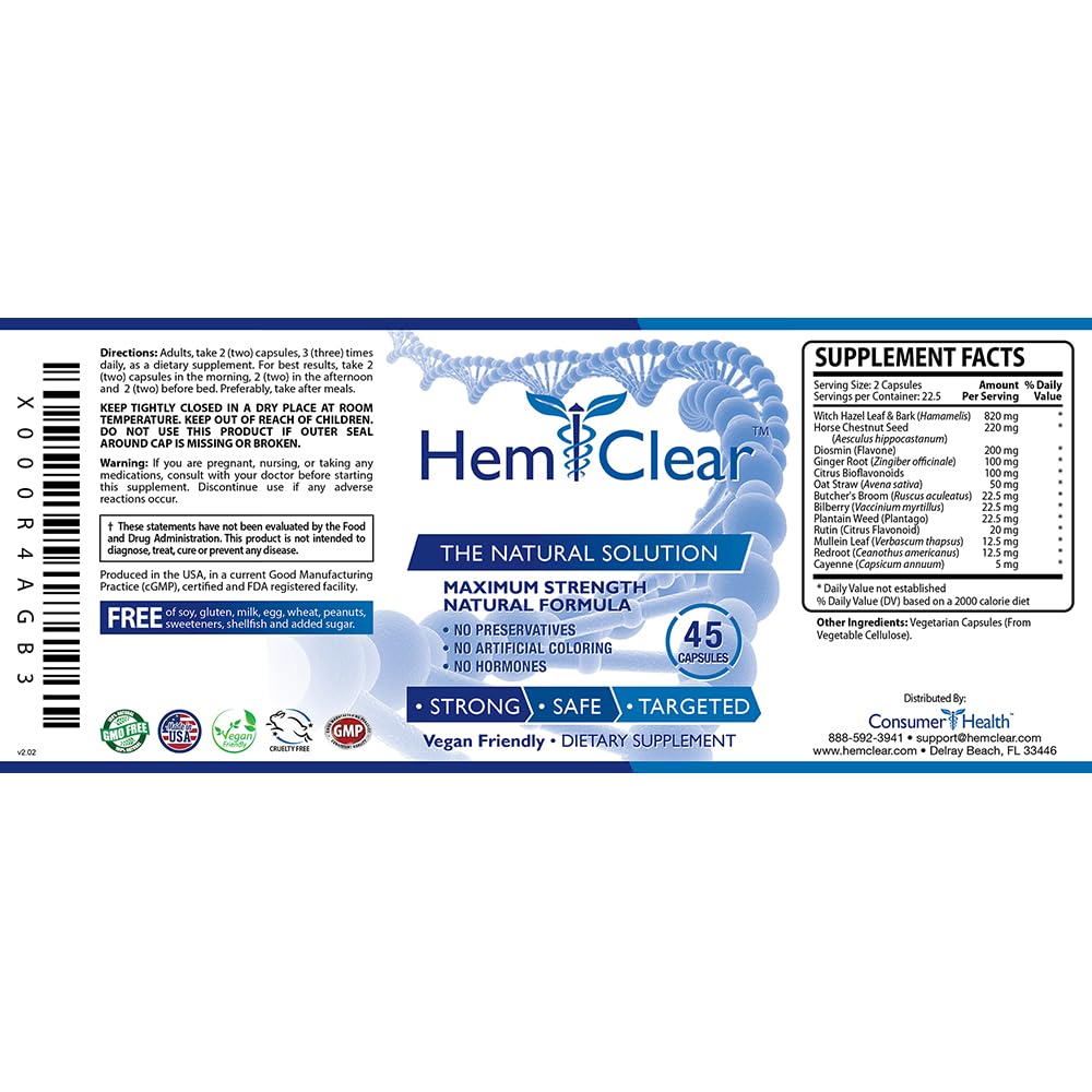 HemClear for Hemorrhoids - Vegan, 100% Natural Formula for Hemorrhoid Relief & Vascular Health - Maximum Strength 1 Bottle - Maple Wellness Supplements