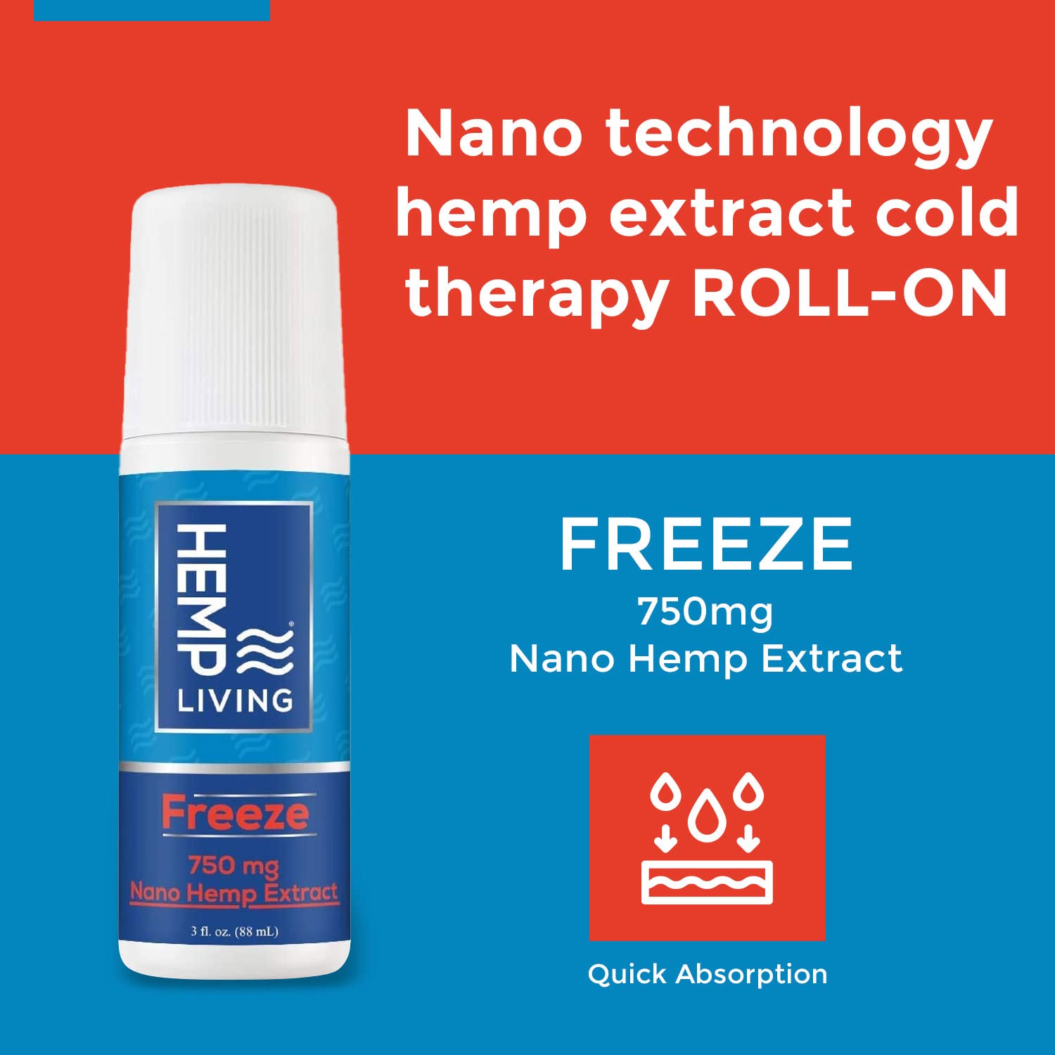 HEMP LIVING Freeze Nano Hemp Extract Roll On, Cold Therapy, Roll On for Muscles and Joint Strain, 3 oz Roll on Bottle (750 mg) - Maple Wellness Supplements
