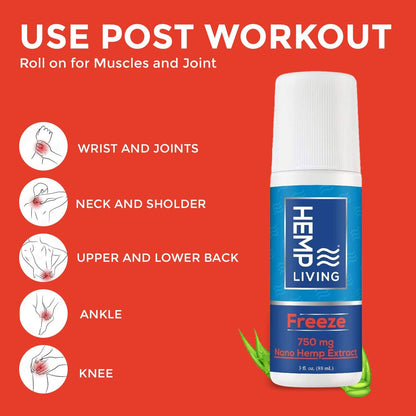 HEMP LIVING Freeze Nano Hemp Extract Roll On, Cold Therapy, Roll On for Muscles and Joint Strain, 3 oz Roll on Bottle (750 mg) - Maple Wellness Supplements