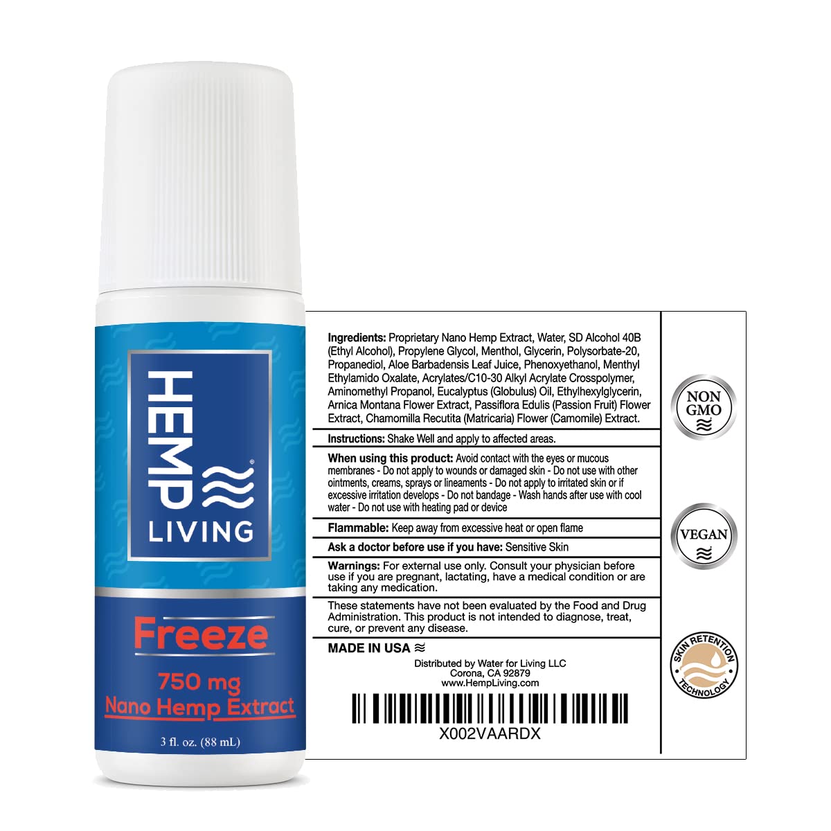 HEMP LIVING Freeze Nano Hemp Extract Roll On, Cold Therapy, Roll On for Muscles and Joint Strain, 3 oz Roll on Bottle (750 mg) - Maple Wellness Supplements