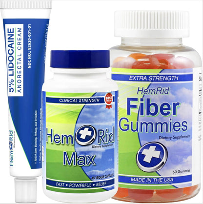 HemRid Complete Hemorrhoid Support System – Max Formula, Lidocaine Cream & Fiber Gummies for Immediate Relief & Long-Term Comfort - Maple Wellness Supplements