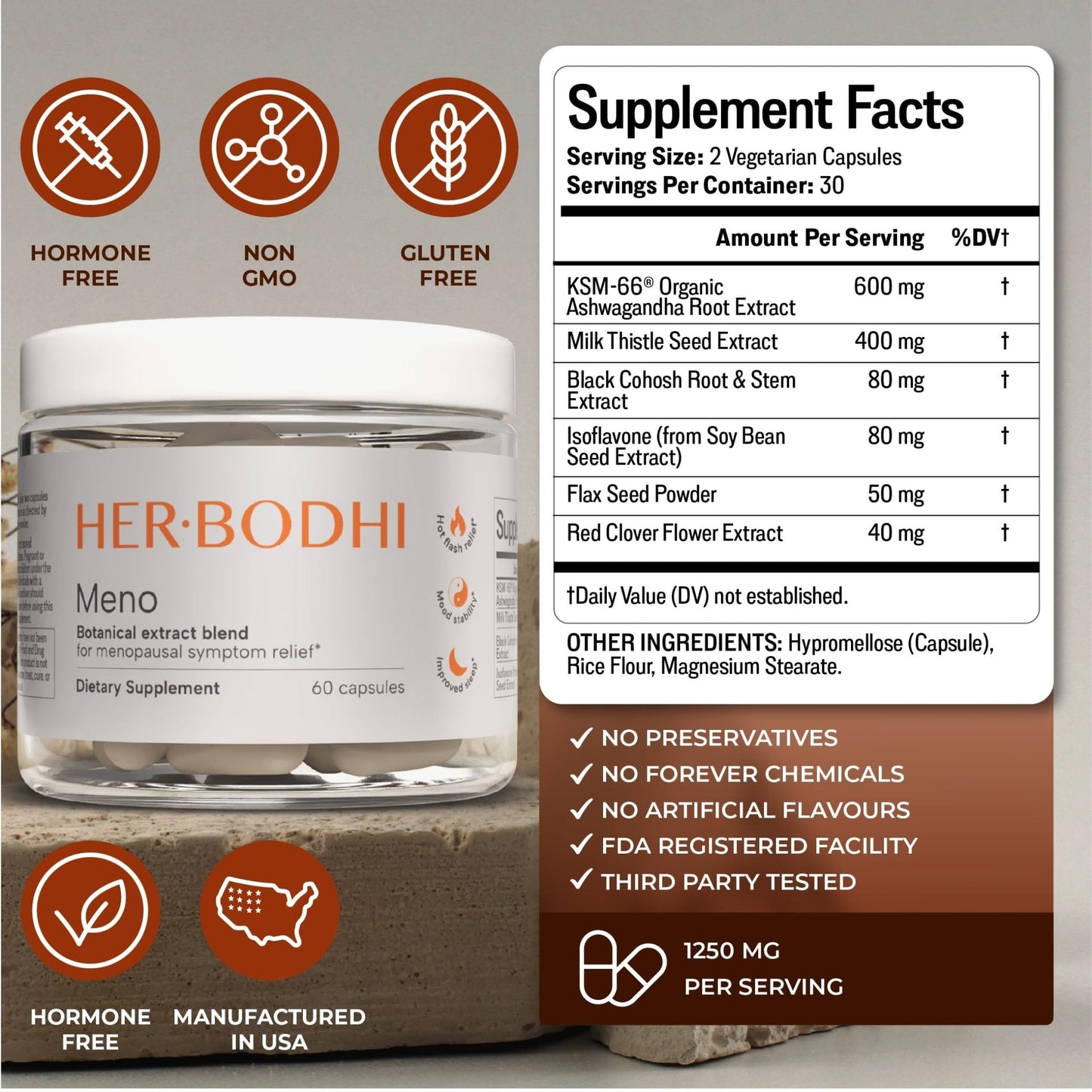 Her Bodhi Meno- Menopause Hormonal Balance for Women, Estrogen Soy Isoflavones Menopause Supplement for Women | with Ashwagandha & Black Cohosh | Hot Flashes Menopause Relief (60 Capsules) - Maple Wellness Supplements