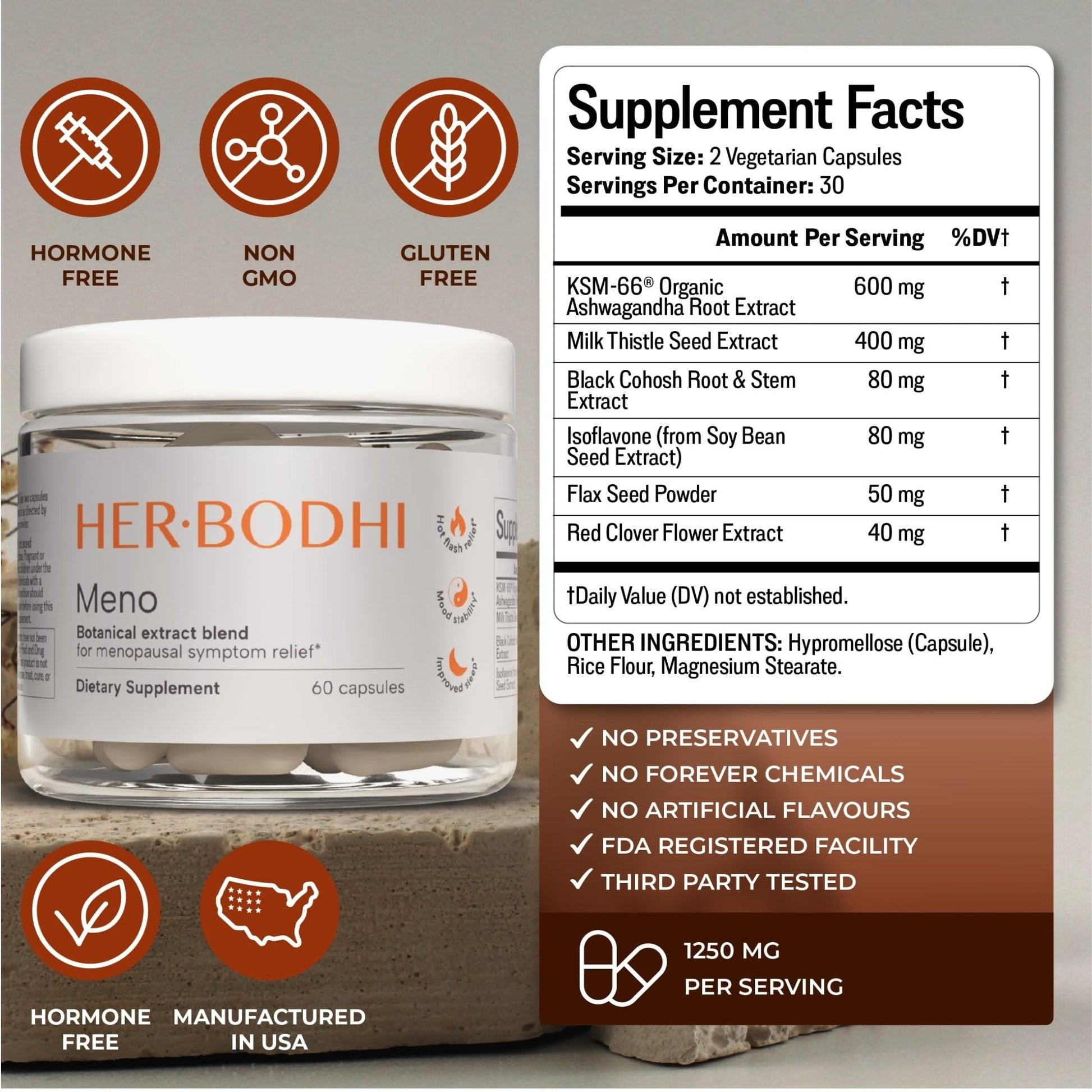 Her Bodhi Meno- Menopause Hormonal Balance for Women, Estrogen Soy Isoflavones Menopause Supplement for Women | with Ashwagandha & Black Cohosh | Hot Flashes Menopause Relief (60 Capsules) - Maple Wellness Supplements