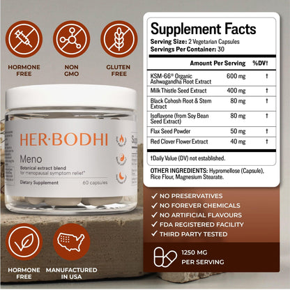 Her Bodhi Meno- Menopause Hormonal Balance for Women, Estrogen Soy Isoflavones Menopause Supplement for Women | with Ashwagandha & Black Cohosh | Hot Flashes Menopause Relief (60 Capsules) - Maple Wellness Supplements