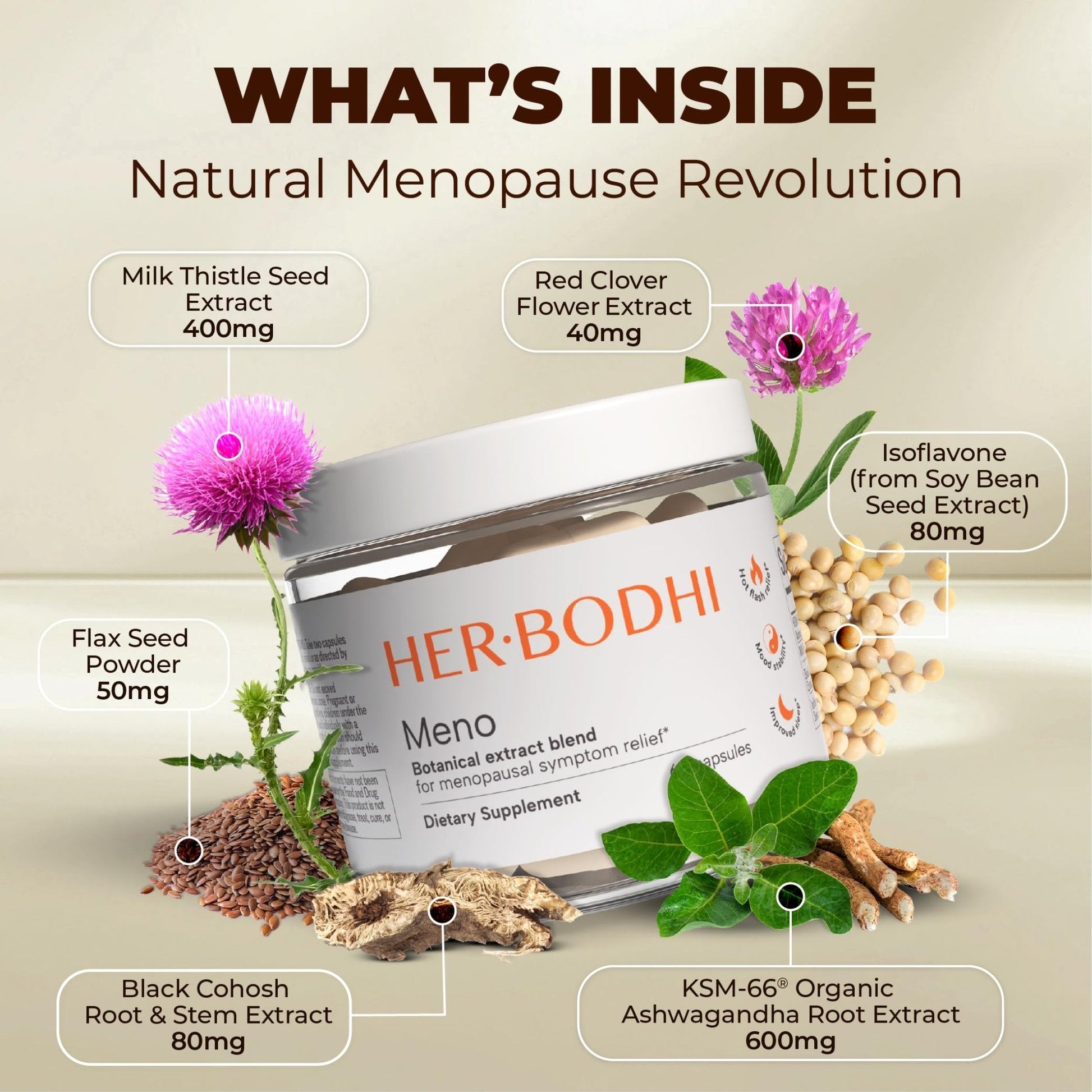 Her Bodhi Meno- Menopause Hormonal Balance for Women, Estrogen Soy Isoflavones Menopause Supplement for Women | with Ashwagandha & Black Cohosh | Hot Flashes Menopause Relief (60 Capsules) - Maple Wellness Supplements