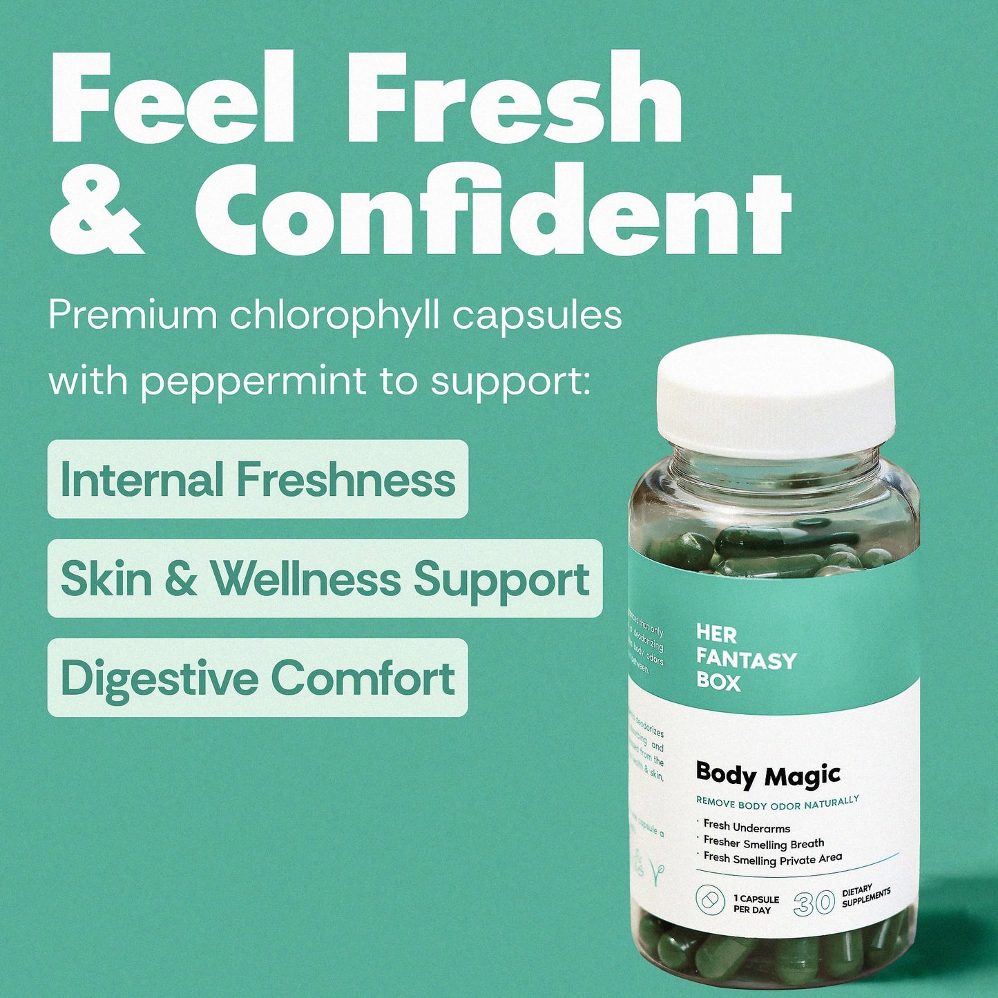 Her Fantasy Box | Body Magic | Chlorophyll Capsules - 30 Vegan Capsules for Detox, Digestion, Gut Health, Skin Support - Maple Wellness Supplements