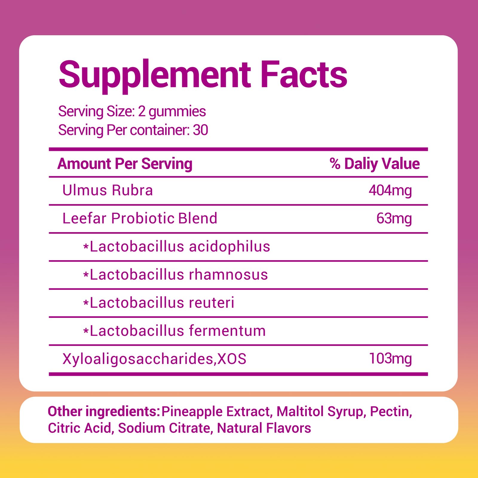 Her Juicy Women's Probiotic Gummies: Supports Women’s Wellness & pH Balance, Clean Vegan, Pineapple Flavor, Prebiotics & Lactobacillus Blend, with Slippery Elm, Gut Health & Immune Defense, 60 Gummies - Maple Wellness Supplements