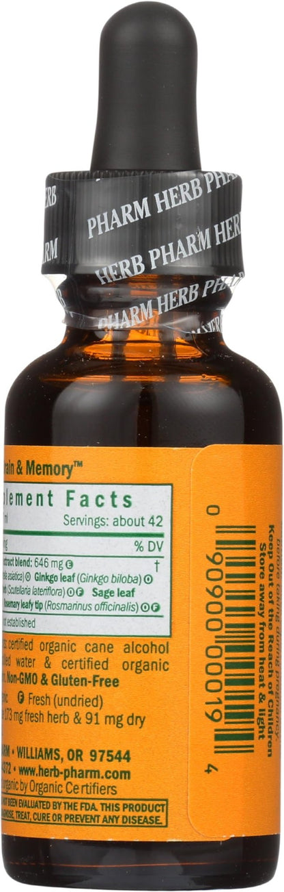 Herb Pharm Organic Nootropic Brain & Memory Supplement with Ginkgo Biloba Liquid Extract: Fast Absorption for Mental Focus Support, Ginkgo Supplement, Vegan, Gluten-Free, Non-GMO, 1 Oz - Maple Wellness Supplements
