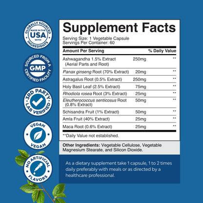 Herbal Adaptogen Mood Support Supplement - Calming Adaptogens Supplement for Stress & Cortisol Management with Ashwagandha Rhodiola Rosea & Maca Root - Vegan & Daytime Friendly - 60 Count - Maple Wellness Supplements