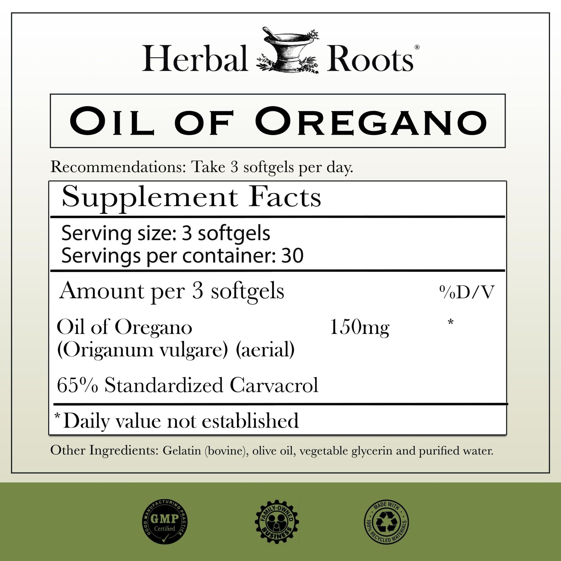 Herbal Roots Oil of Oregano - Made from Mediterranean Oregano Oil - 90 Easy to Swallow Softgel Capsules - Extra Strength 150mg - Maple Wellness Supplements