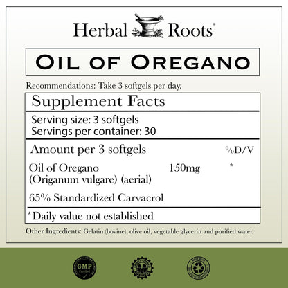 Herbal Roots Oil of Oregano - Made from Mediterranean Oregano Oil - 90 Easy to Swallow Softgel Capsules - Extra Strength 150mg - Maple Wellness Supplements