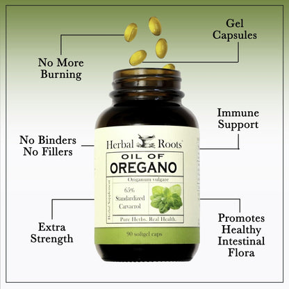 Herbal Roots Oil of Oregano - Made from Mediterranean Oregano Oil - 90 Easy to Swallow Softgel Capsules - Extra Strength 150mg - Maple Wellness Supplements