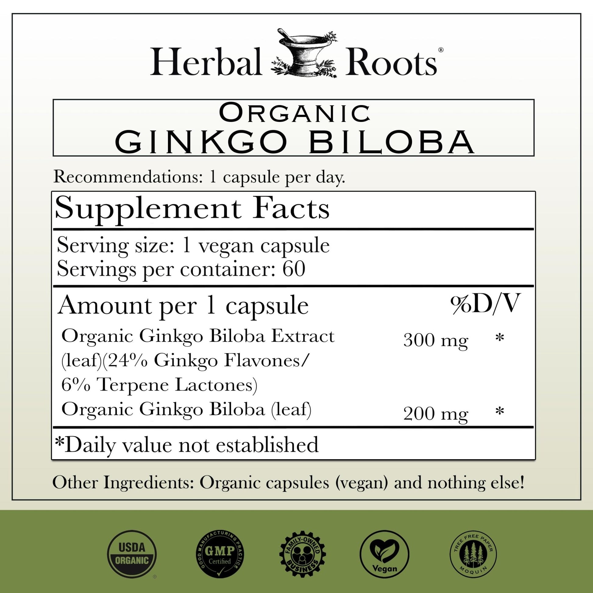 Herbal Roots Organic Ginkgo Biloba Made with Pure Organic Ginkgo Leaf and Extract - 60 Vegan Capsules - Maple Wellness Supplements