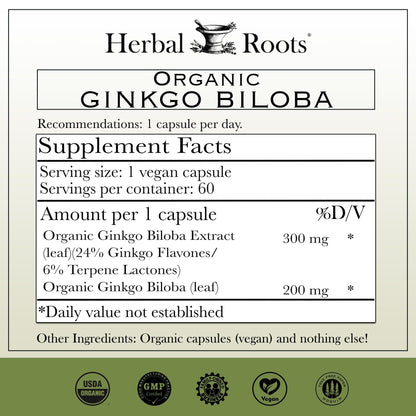 Herbal Roots Organic Ginkgo Biloba Made with Pure Organic Ginkgo Leaf and Extract - 60 Vegan Capsules - Maple Wellness Supplements