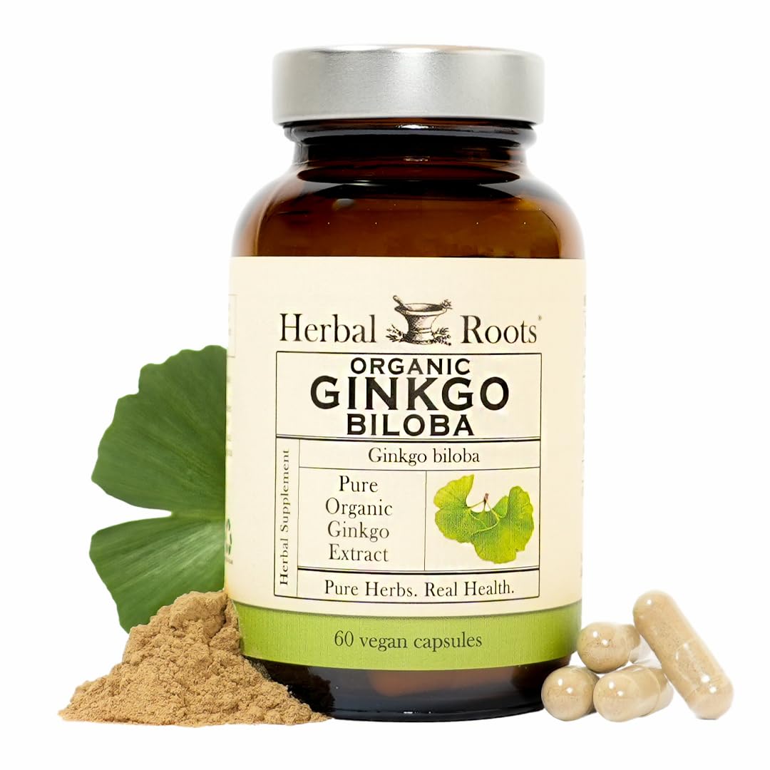 Herbal Roots Organic Ginkgo Biloba Made with Pure Organic Ginkgo Leaf and Extract - 60 Vegan Capsules - Maple Wellness Supplements