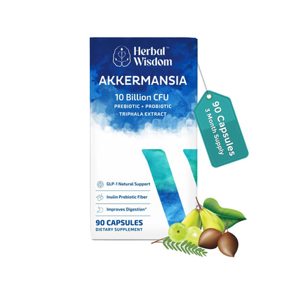 Herbal Wisdom Akkermansia Probiotic 10 Billion CFU - Advanced Support, Probiotic+Prebiotic | for Gut & Metabolism Support - No Bloating | with Inulin & Triphala - Maple Wellness Supplements