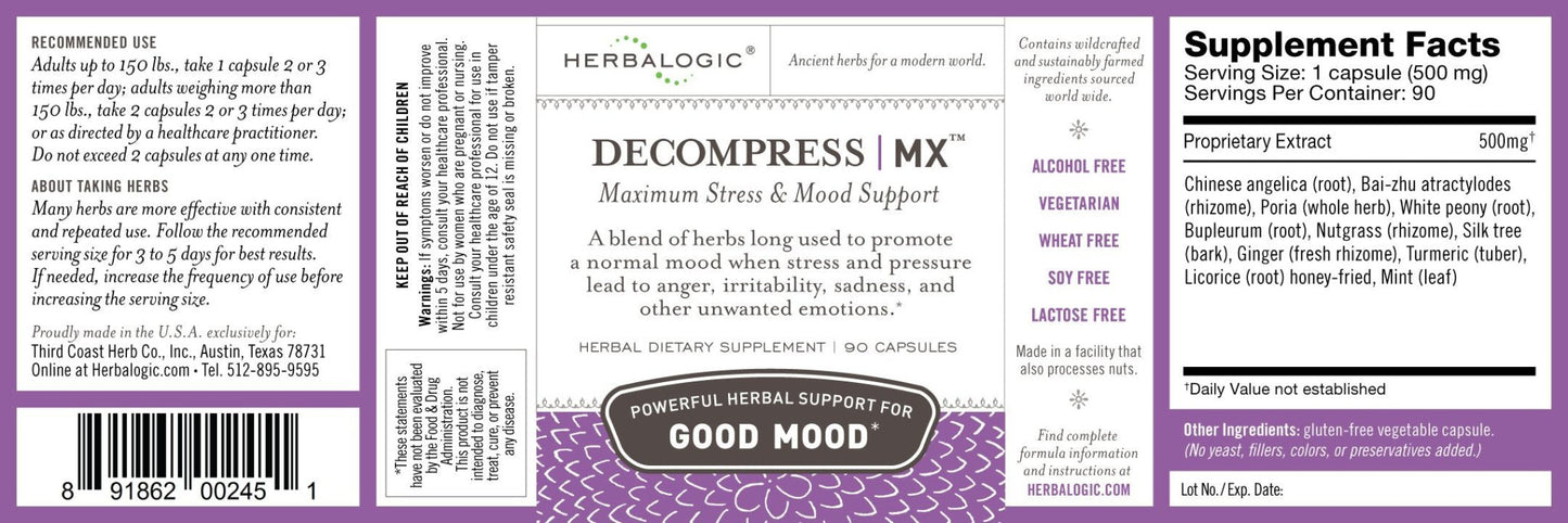 Herbalogic - Decompress MX Herb Capsules - Maximum Stress & Tension Relief - Reduces Anger & Moodiness, Positive Mood Support - Based on the Traditional Chinese Formula Xiao Yao San - 90 Cap Count - Maple Wellness Supplements